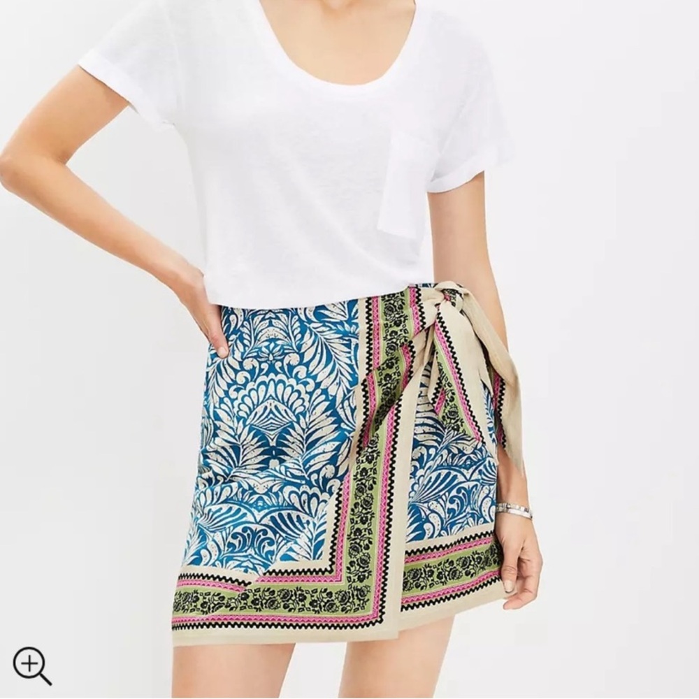LOFT Blue Patterned Wrap Skirt with Cream & Pink Trim